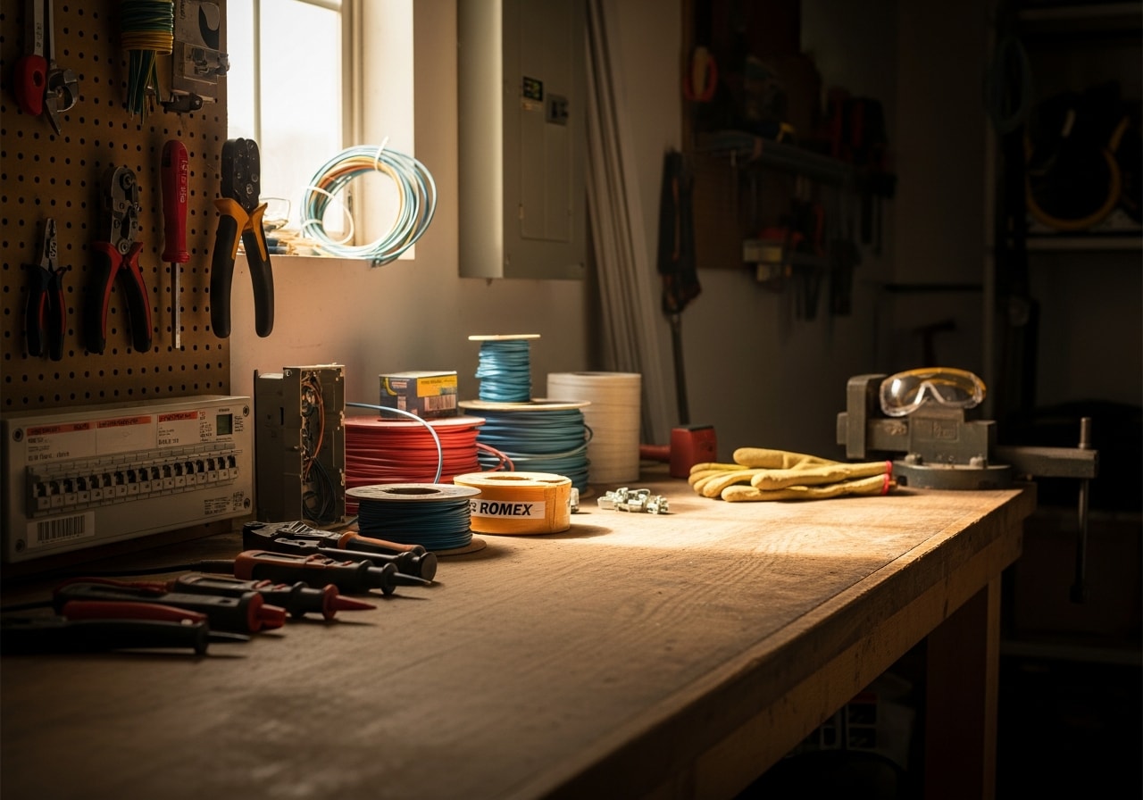 Electrician tools and equipment organized on a workbench, ready for residential wiring and installation projects.