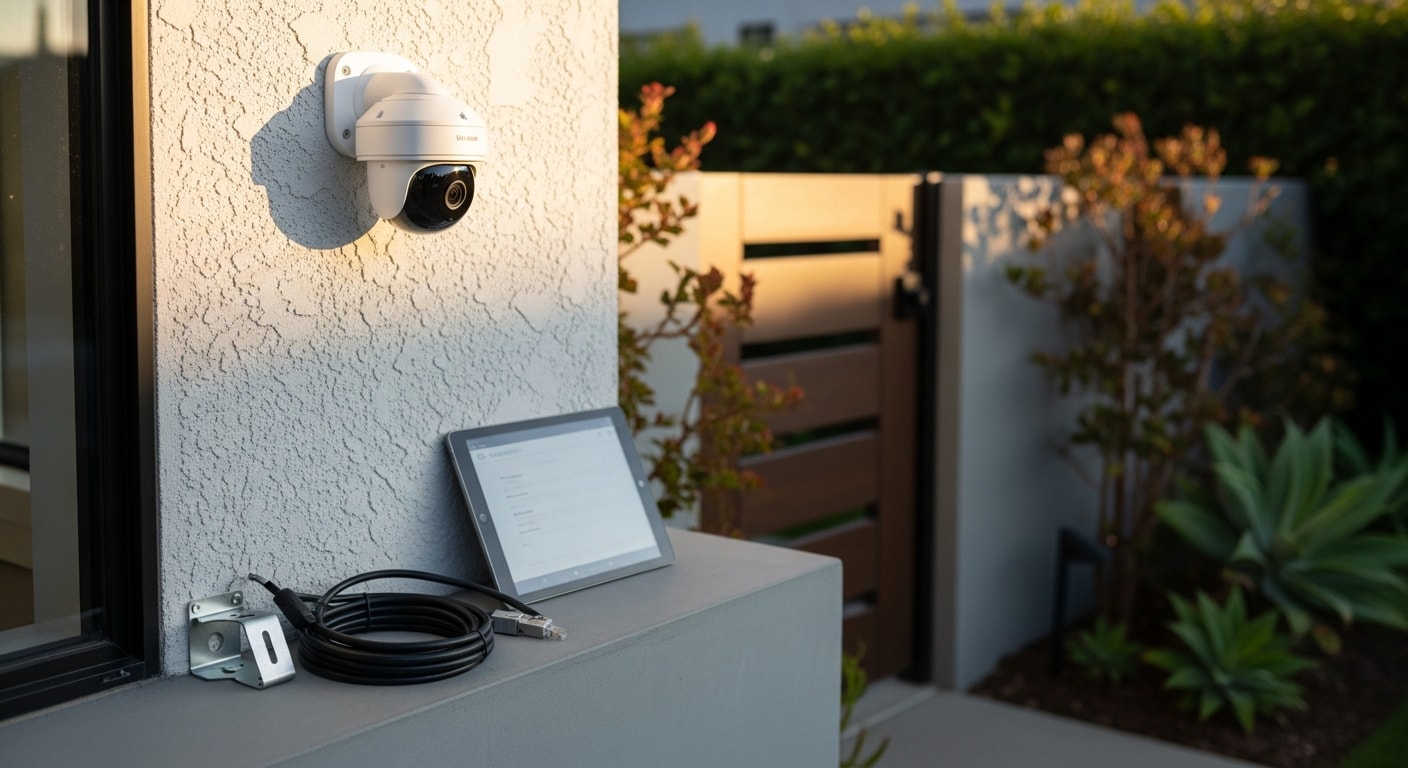 Security camera mounted on exterior of residential home