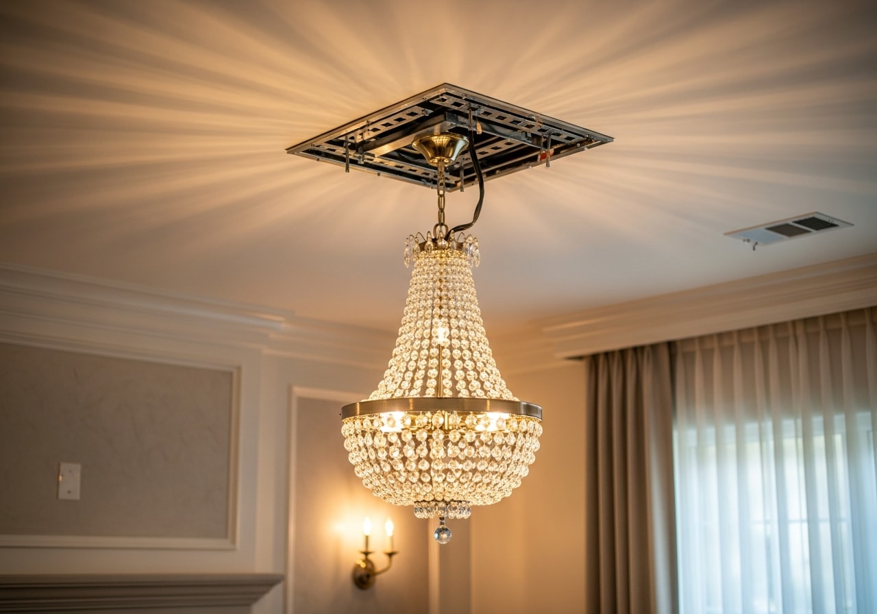 Crystal chandelier installed in dining room with new electrical circuit and dimmer switch in Santa Ana home