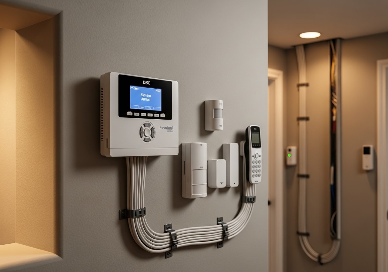 Security system control panel and door sensors integrated with VoIP phone system in Anaheim residence