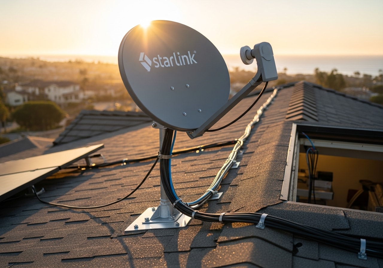 Starlink satellite dish mounted on rooftop with conduit routing and grounding in Laguna Beach home