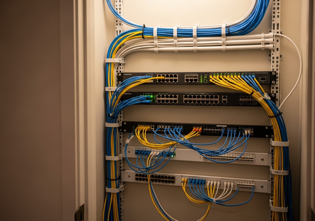 Cat6A network cabling organized in wall plates and patch panel in Irvine office network closet