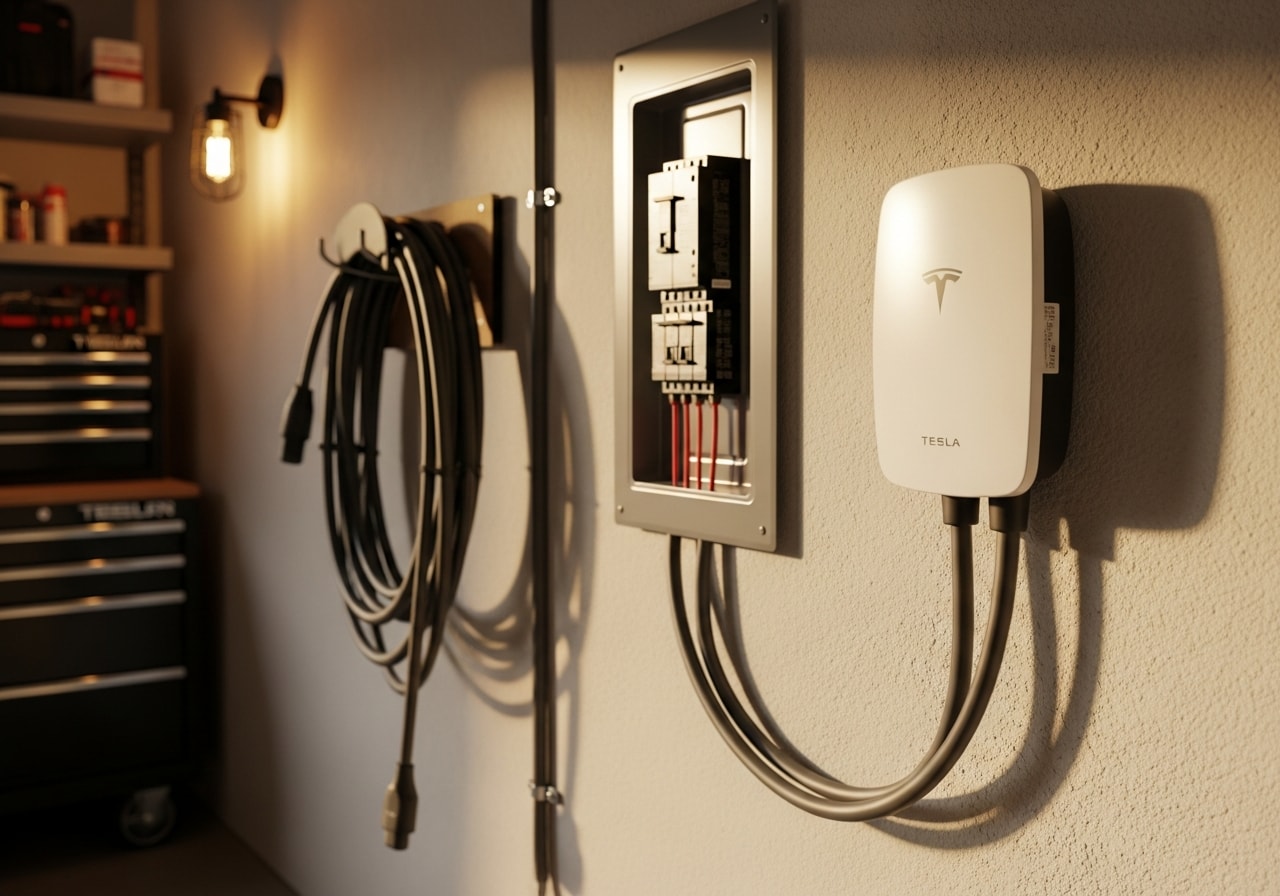 Tesla Wall Connector mounted on garage wall with new subpanel and 240V wiring in Huntington Beach home