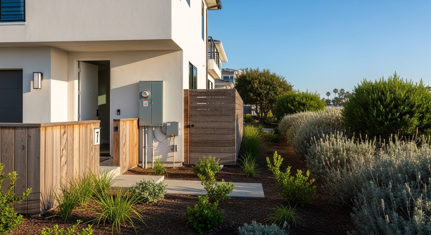 Beachfront Huntington Beach home with modern exterior and coastal landscaping during daytime.