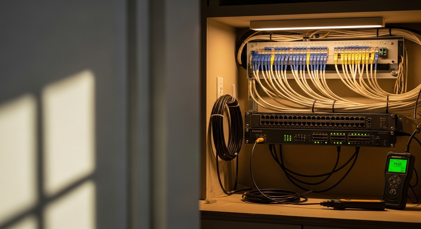 A clean, labeled home network distribution panel mounted inside a Huntington Beach residential wall cavity, with multiple terminated data cable runs organized by room. A technician tests each port connection before the panel cover is installed.