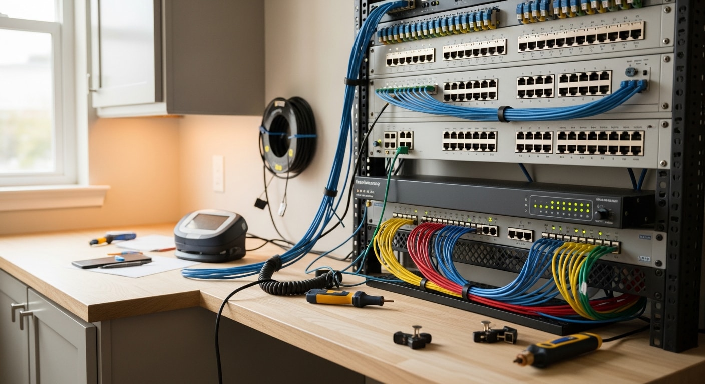 A neatly organized structured wiring panel mounted on a wall inside a Huntington Beach home, with labeled Ethernet cables routed to a central distribution point. Each cable run terminates cleanly at a patch panel with color-coded labels identifying room locations.