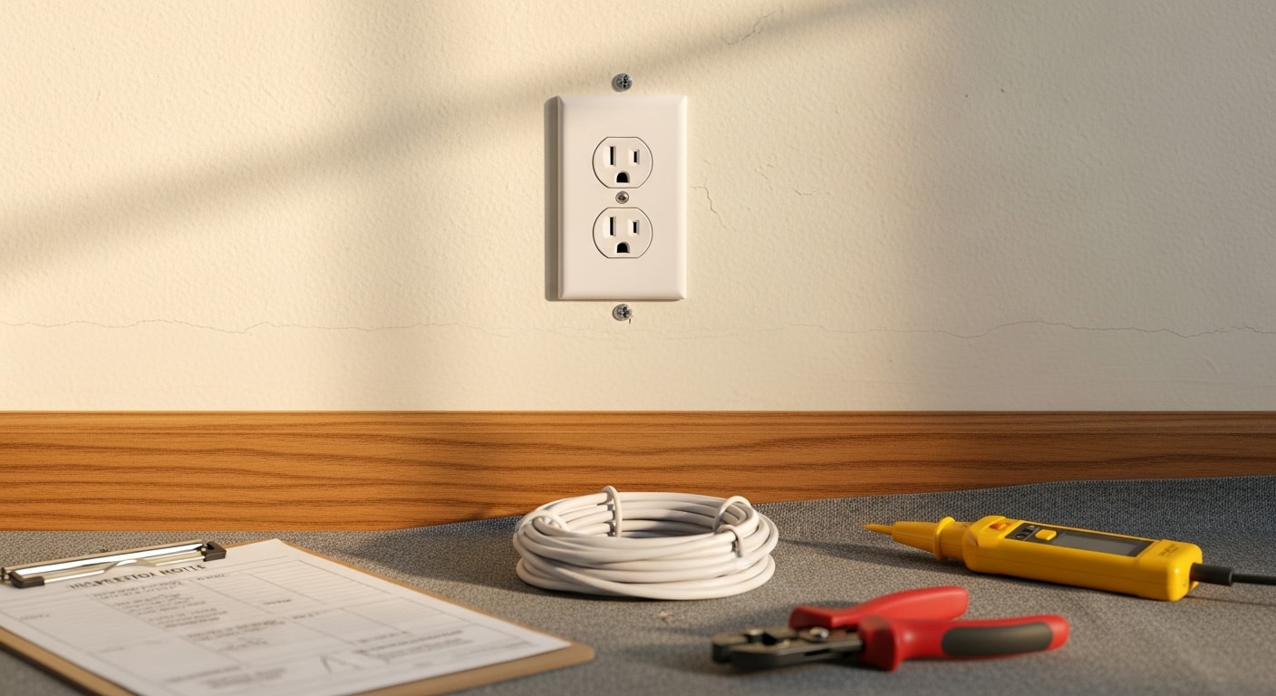 A licensed electrician replacing a worn electrical outlet receptacle inside a residential wall in Huntington Beach, California. The outlet box is open, showing copper wiring connections being secured before the new receptacle is installed.