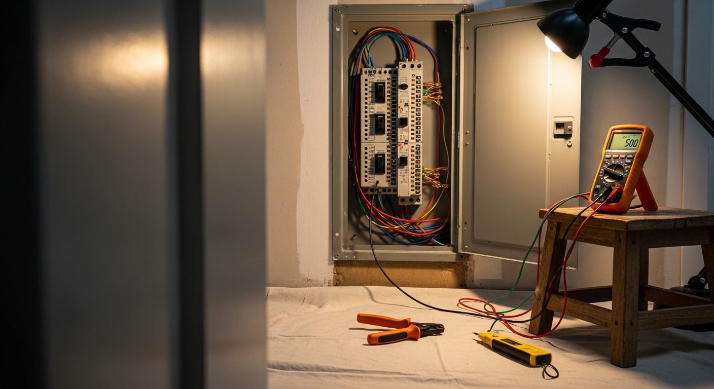 A licensed electrician inspecting a residential electrical panel inside a Huntington Beach home, with wiring connections visible and a diagnostic tool in hand. The panel shows signs of age consistent with a 1970s coastal California property.
