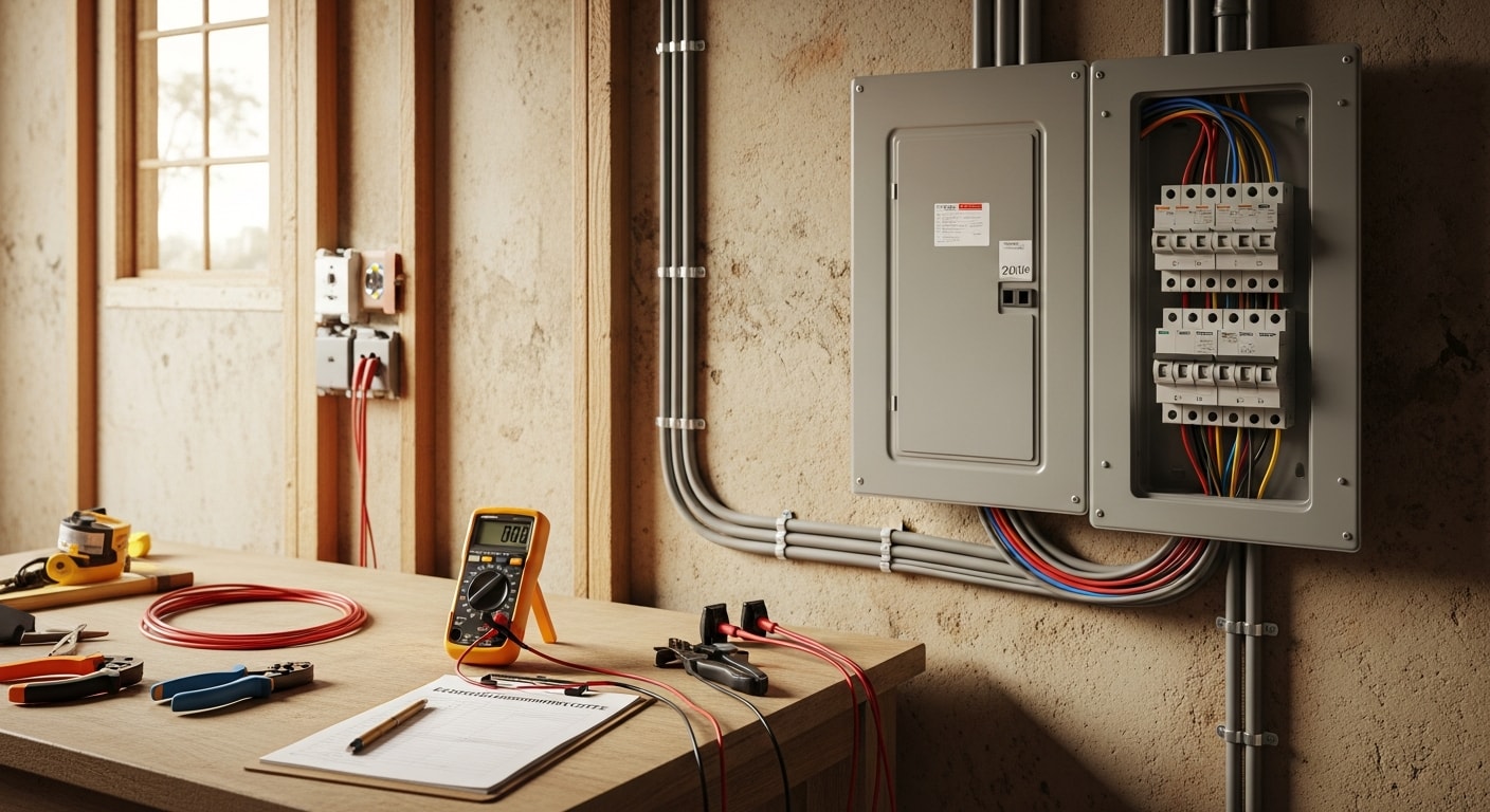A licensed electrician installs a new residential electrical panel inside a Huntington Beach home, replacing an outdated breaker box with a modern circuit panel sized for current household power demands. The work area shows clean wiring runs and a properly labeled panel ready for inspection.