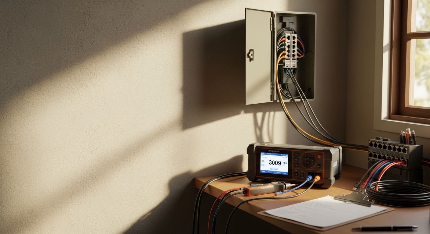 A technician testing a repaired ethernet wall jack inside a single-family home in Huntington Beach, with a patch panel visible in the background. Neatly routed cable runs are secured along the interior wall leading to the service entry point.