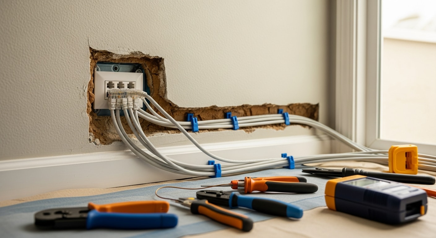 A clean wall plate with two installed ethernet ports in a Huntington Beach home, with a structured cabling panel visible in the background showing neatly terminated and labeled network cable runs.