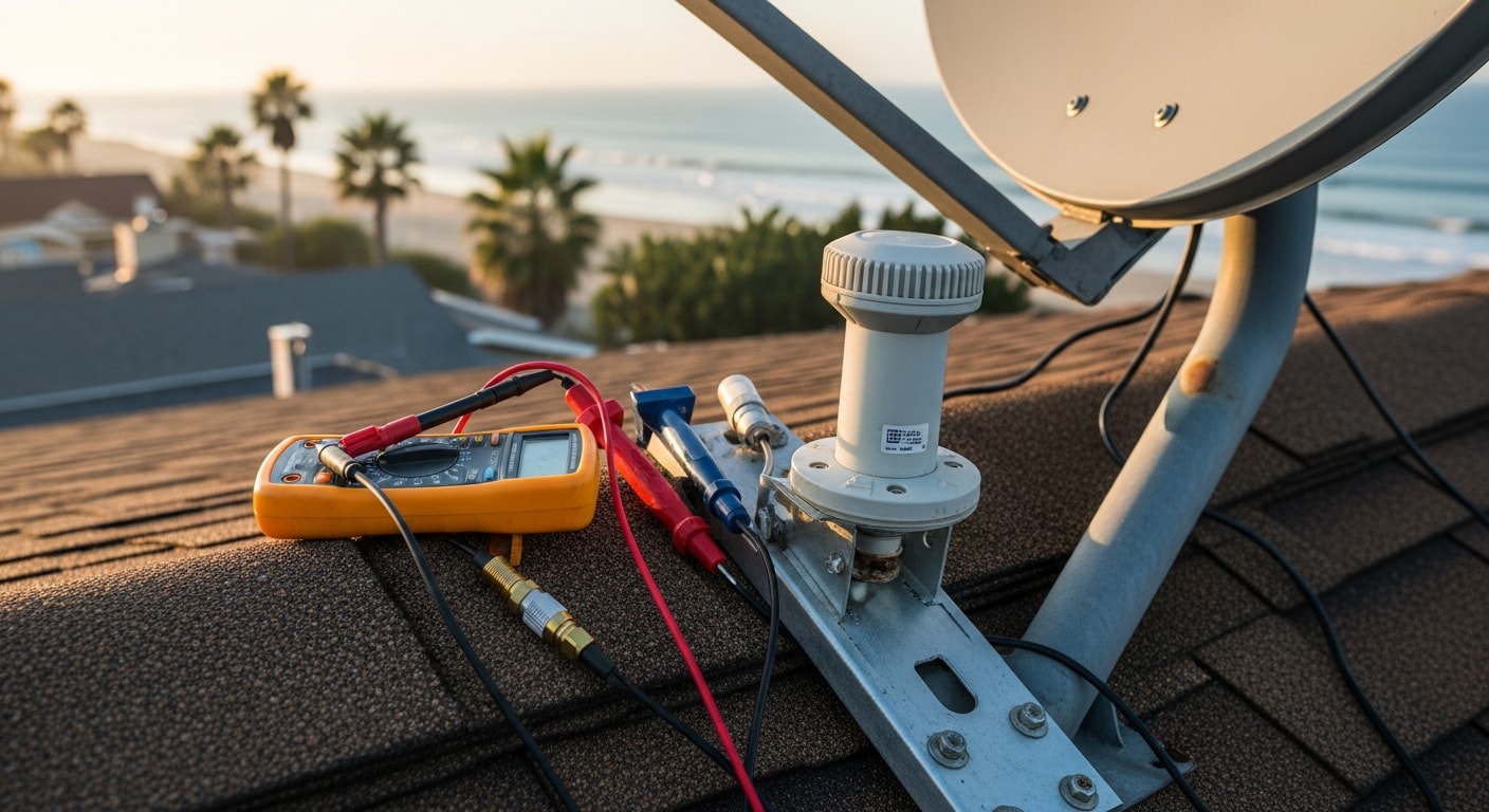 A satellite dish mounted on the roof of a single-family home in Huntington Beach, California, showing a technician inspecting the LNB and coaxial cable connections. The coastal neighborhood and clear sky are visible in the background.