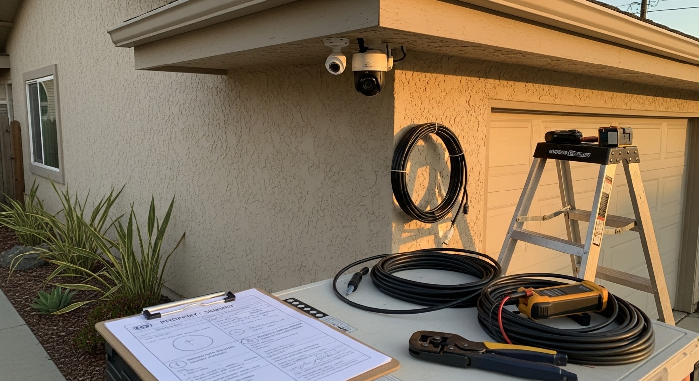 A professionally installed outdoor security camera mounted at the eave of a single-family home in Huntington Beach, California, with clean cable routing along the exterior wall. The camera faces the front driveway and entry path under bright coastal daylight.