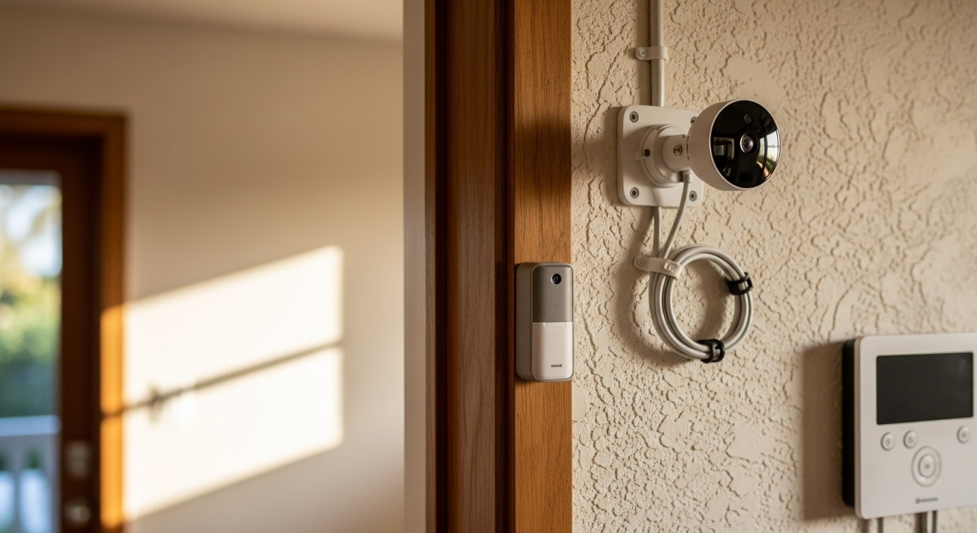 A Huntington Beach single-family home with a professionally installed security camera mounted above the front entry, with clean wiring routed along the exterior trim. A wall-mounted control panel is visible inside near the front door.