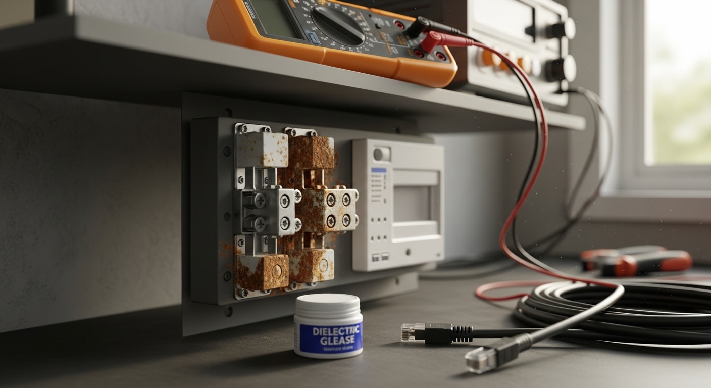 A residential security system control panel mounted on an interior wall of a Huntington Beach home, with a technician inspecting wiring connections behind the panel faceplate. Close-up view shows terminal blocks and labeled zone wiring typical of a single-family home security repair job.