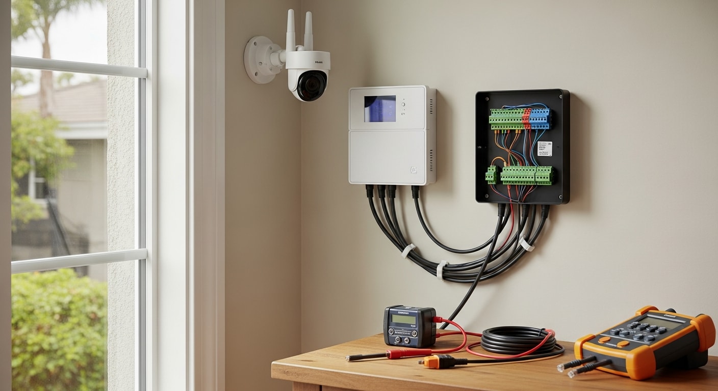 A Huntington Beach home entry point showing a newly installed security camera and clean wire routing along a stucco exterior wall. A wall-mounted control panel inside the home displays an active, fully zoned security system after a professional upgrade.