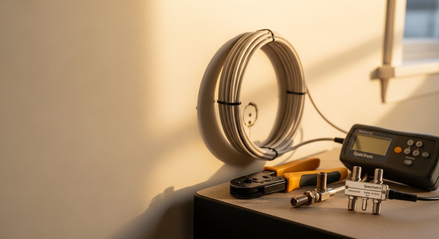 A structured wiring technician testing a coaxial cable connection at a wall outlet inside a Huntington Beach home. The repaired coax line runs cleanly to a modem mounted on a nearby shelf.