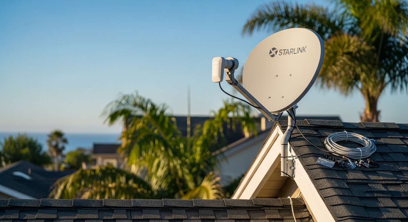 A Starlink satellite dish mounted cleanly on the roof of a single-story Huntington Beach home, with cable routed along the fascia toward an interior entry point. The dish faces an open sky with no visible obstructions.