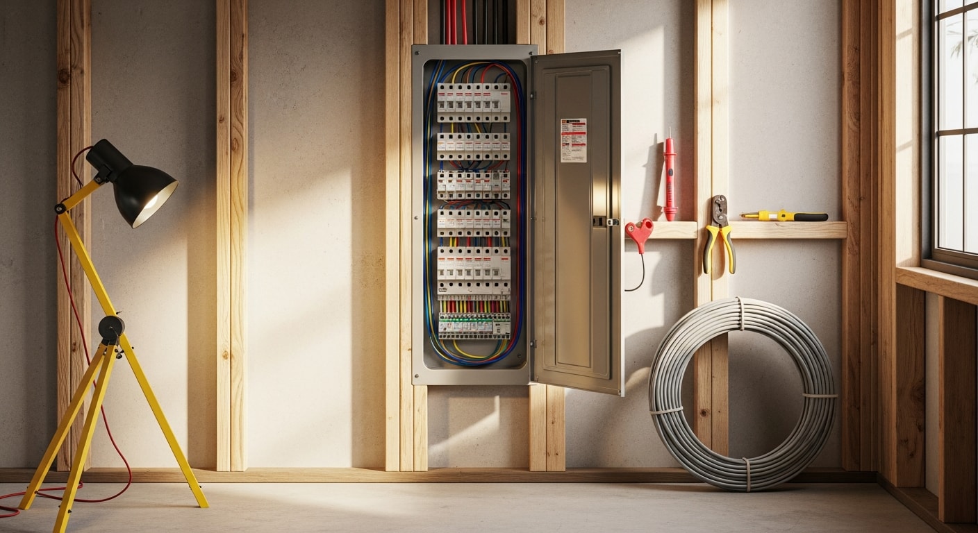 A newly installed residential electrical subpanel with labeled breakers mounted on a garage wall in a Huntington Beach home. The enclosure is clean, properly secured, and shows organized wiring connections with clear circuit identification.