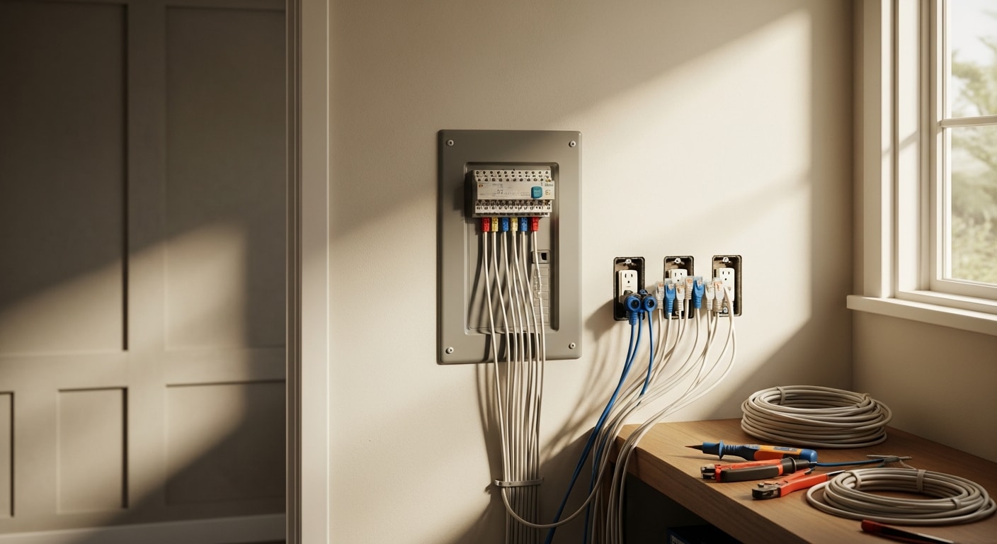 A neatly terminated telephone wiring distribution block mounted inside a Huntington Beach home, with labeled cable runs feeding individual jacks in each room. Clean low-voltage wiring is routed along the interior wall framing of a single-story coastal property.