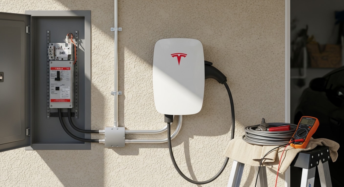 A Tesla Level 2 wall charger mounted on the interior wall of a residential garage in Huntington Beach, California, with conduit running neatly to the electrical panel. The installation shows a dedicated 240-volt circuit with a labeled breaker in a residential service panel typical of an Orange County single-family home.