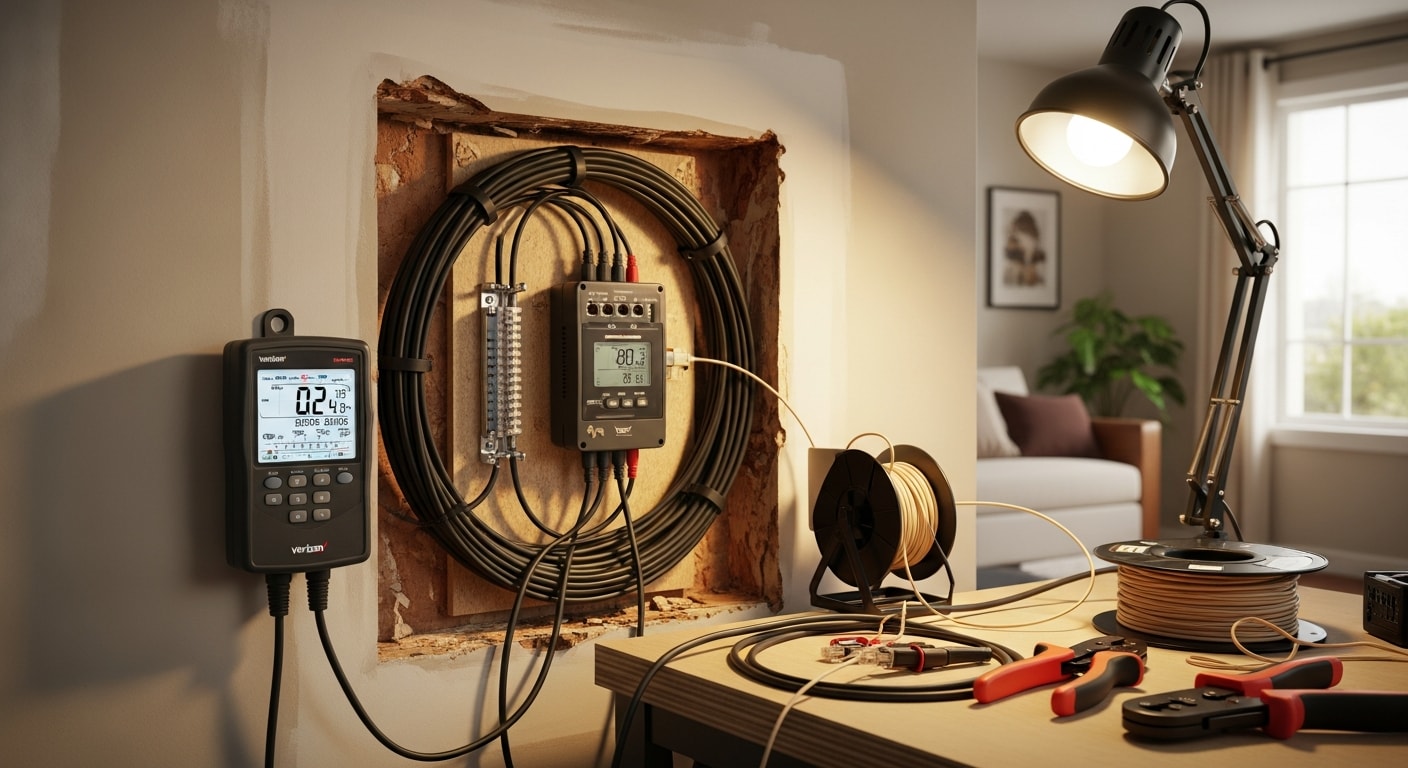 A technician testing a coax cable connection at a wall jack inside a Huntington Beach home. Structured wiring panel and labeled cable runs are visible in the background.