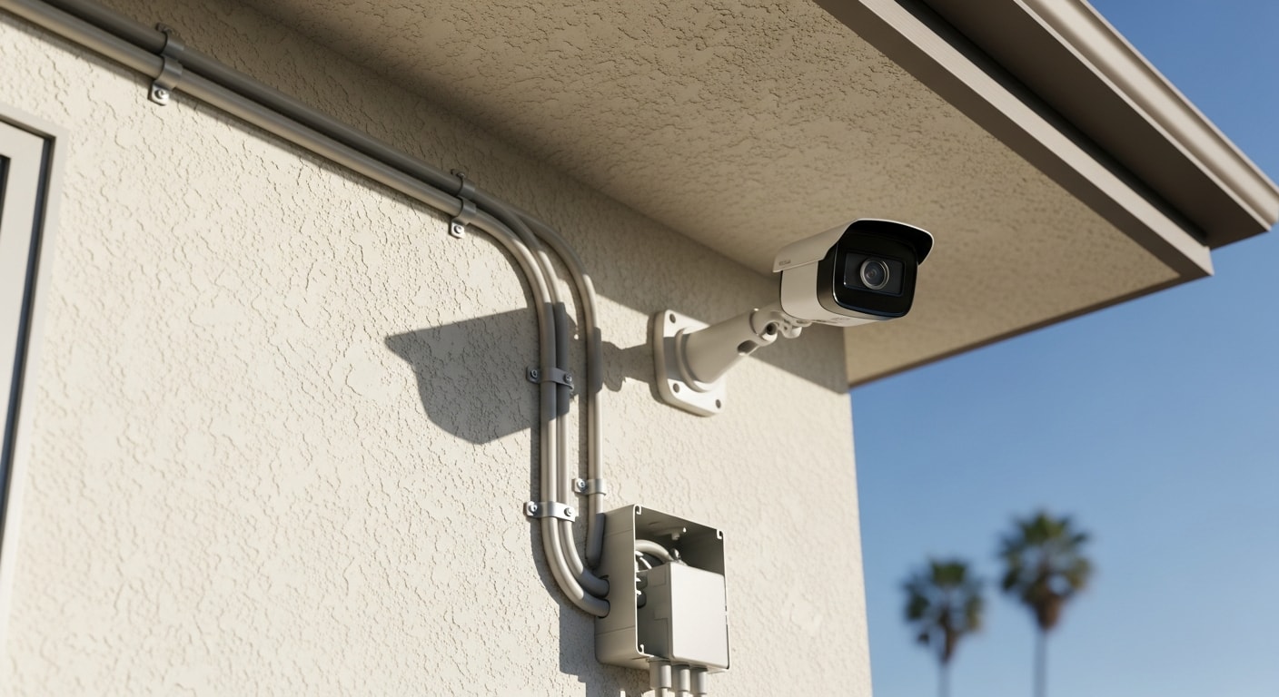 A weatherproof outdoor security camera mounted above the garage entry of a single-family home in Huntington Beach, with clean cable runs along the exterior wall. The camera faces the driveway and front yard, showing a clear field of view in a coastal residential setting.
