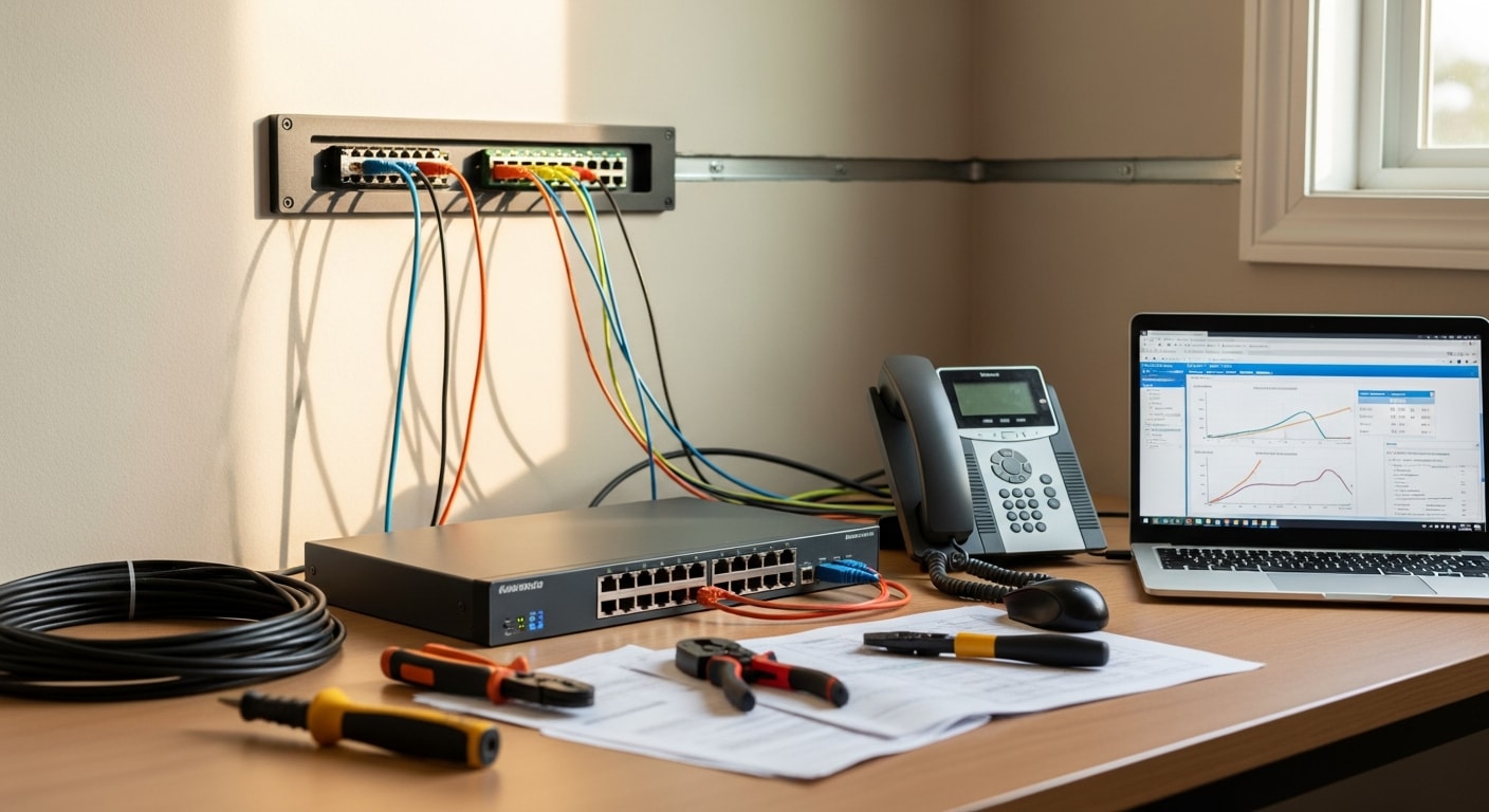 A wall-mounted structured wiring panel and desk VoIP phone in a Huntington Beach home office, with organized ethernet cabling connected to a network router. A technician inspects the cabling run behind the wall panel during a VoIP repair visit.